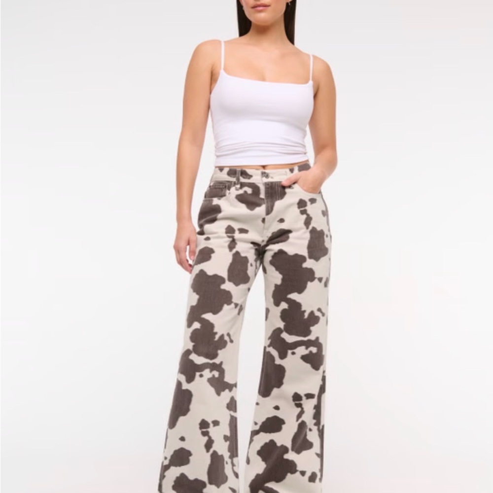 Abercrombie & Fitch Cream and Brown Cowprint Wide-Leg Jeans
